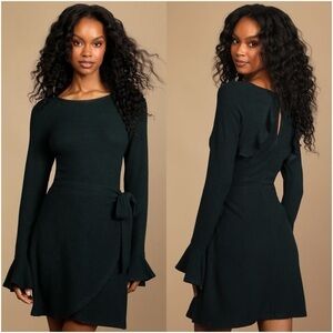 LULU’S Favorite Tune Black Faux Wrap Sweater Dress